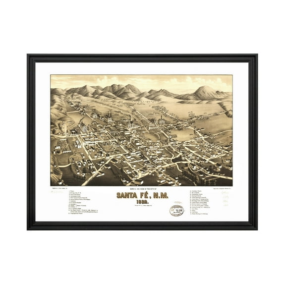 Santa Fe Art, 1882 Vintage Map of Santa Fe New Mexico, NM History Wall Decor Gift, Old Santa Fe Map - 24" x 18" Black Framed Print