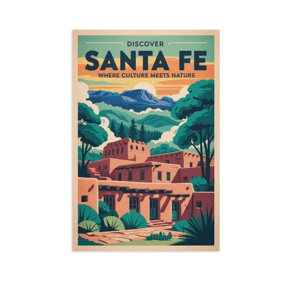 Santa Fe Classic Poster Retro Cityscape with Cloud Forests & Cultural Heritage Canvas Poster