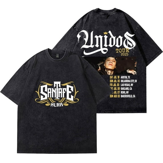 Santa Fe Klan Unidos Tour Merch Vintage Wash T-shirt street wear men's and women's fashionable cotton short sleeved T-shirt