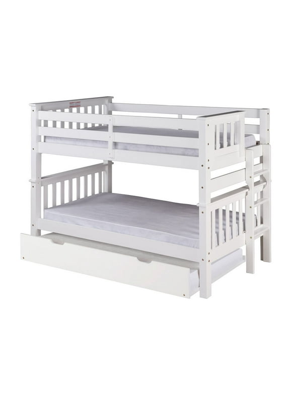 Santa Fe Mission Low Bunk Bed Twin over Twin - Bed End Ladder - Multiple Finishes - with Twin Size Under Bed Trundle