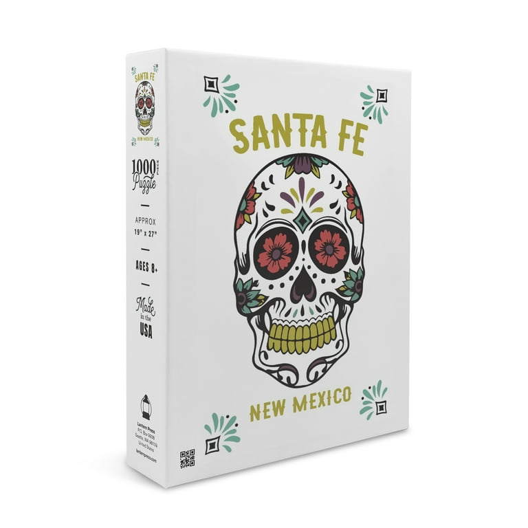 Santa Fe, New Mexico, Day of the Dead, Sugar Skull and Flower Pattern,  White (1000 Piece Puzzle, Size 19x27, Challenging Jigsaw Puzzle for Adults  and