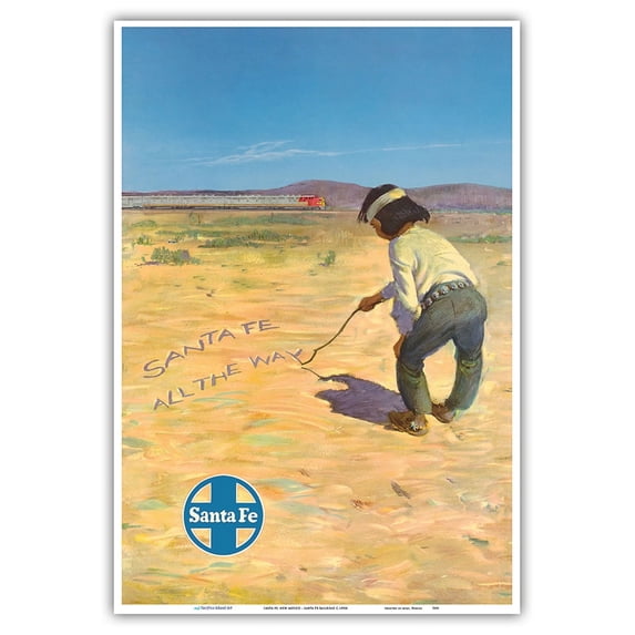 Santa Fe New Mexico - Native American Indian Boy - Santa Fe Railroad - Vintage Railroad Travel Poster c.1950s - Master Art Print (Unframed) 13in x 19in