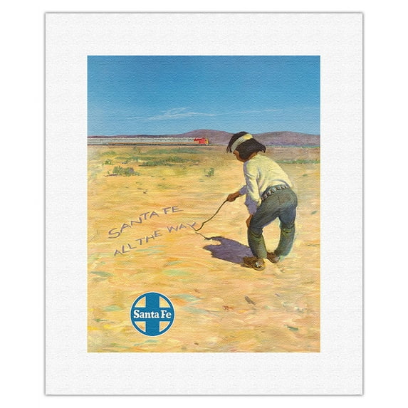 Santa Fe New Mexico - Native American Indian Boy - Santa Fe Railroad - Vintage Railroad Travel Poster c.1950s - Fine Art Rolled Canvas Print 11in x 14in