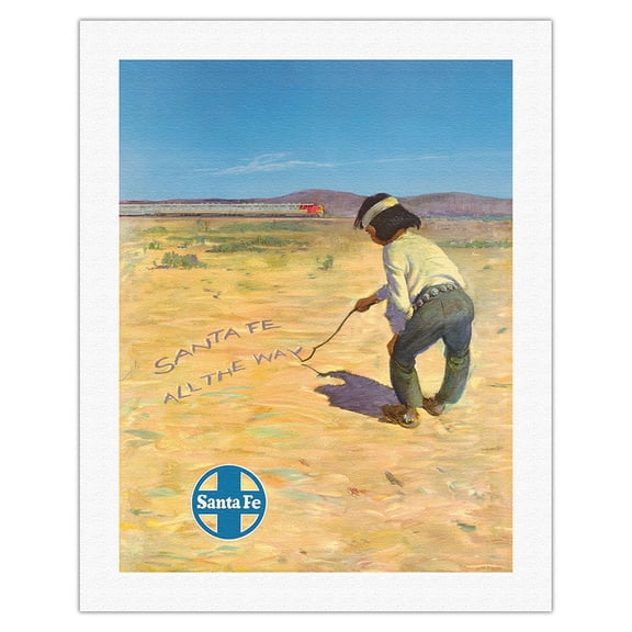 Santa Fe New Mexico - Native American Indian Boy - Santa Fe Railroad - Vintage Railroad Travel Poster c.1950s - Fine Art Rolled Canvas Print 20in x 26in