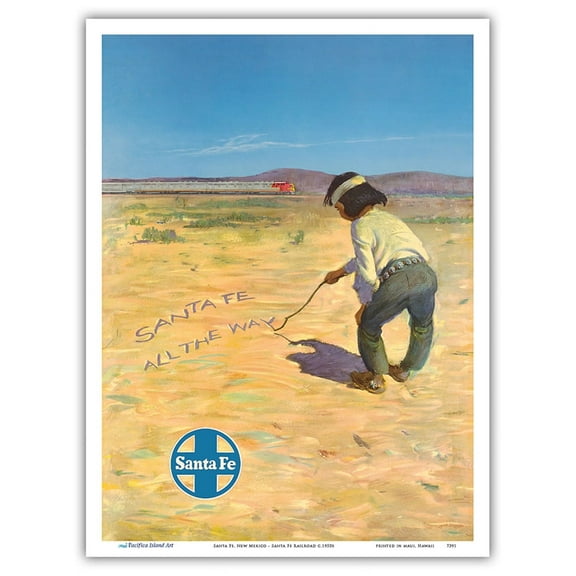 Santa Fe New Mexico - Native American Indian Boy - Santa Fe Railroad - Vintage Railroad Travel Poster c.1950s - Master Art Print (Unframed) 9in x 12in