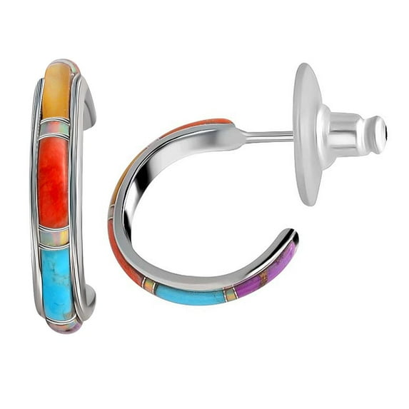 Santa Fe Style Multicolor Turquoise J-Hoop Earrings for Women 925 Sterling Silver Boho Western Jewelry  Boho Western Birthday Gifts for Women