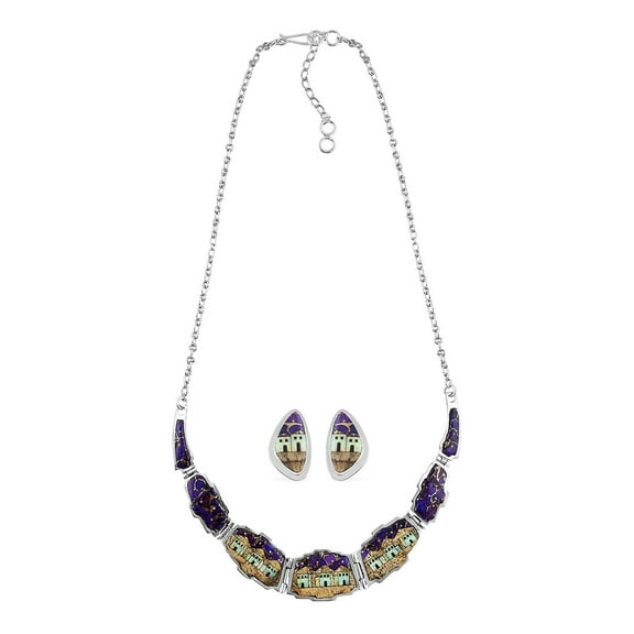 Santa Fe Style Purple Turquoise Multi Gemstone 925 Sterling Silver Earrings Necklace Set for Women Jewelry Birthday Christmas Gifts Size 18-20" Ct 37.52
