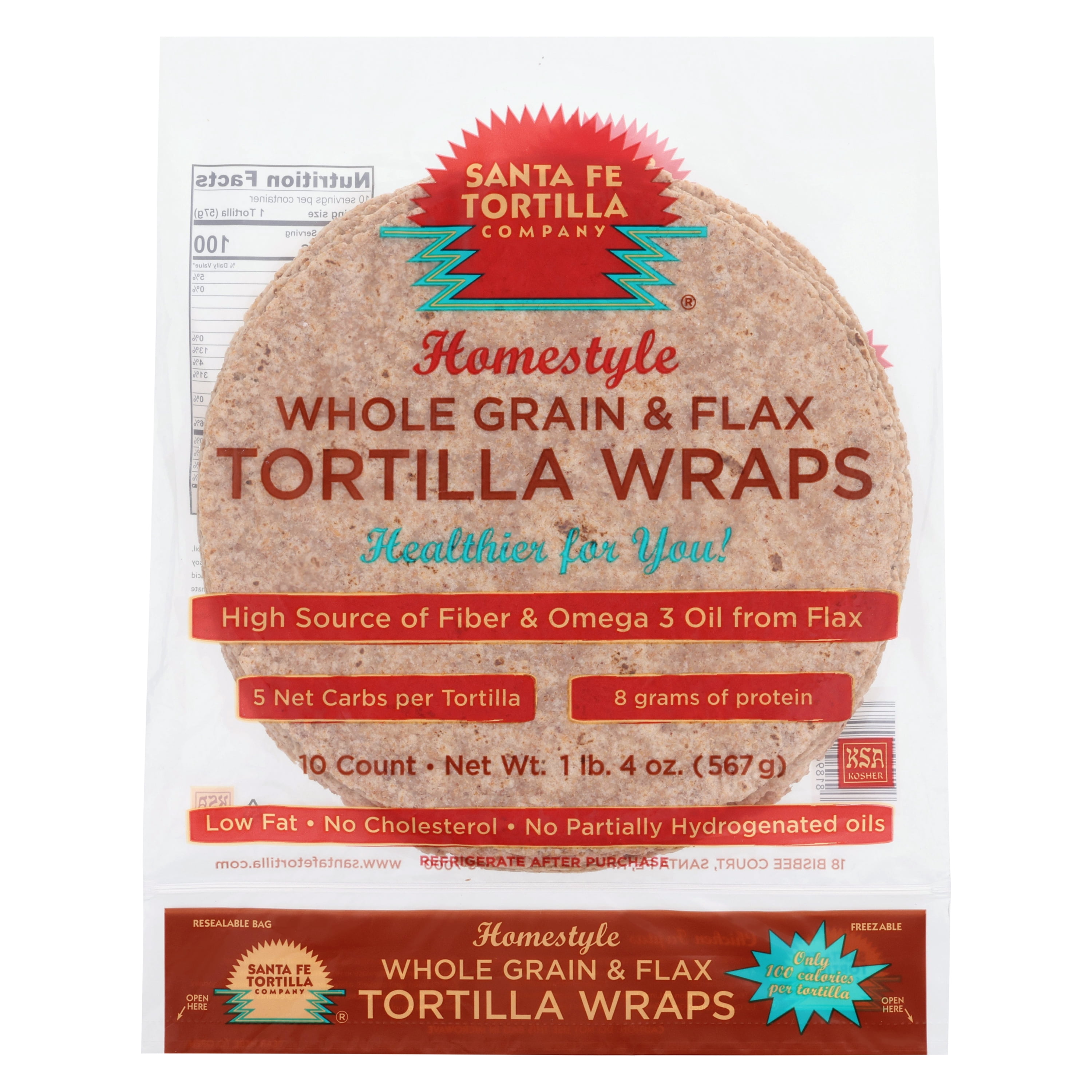 Santa Fe Tortilla Company 10" Homestyle Whole Grain Flax Tortillas, 20 Count (40 oz)
