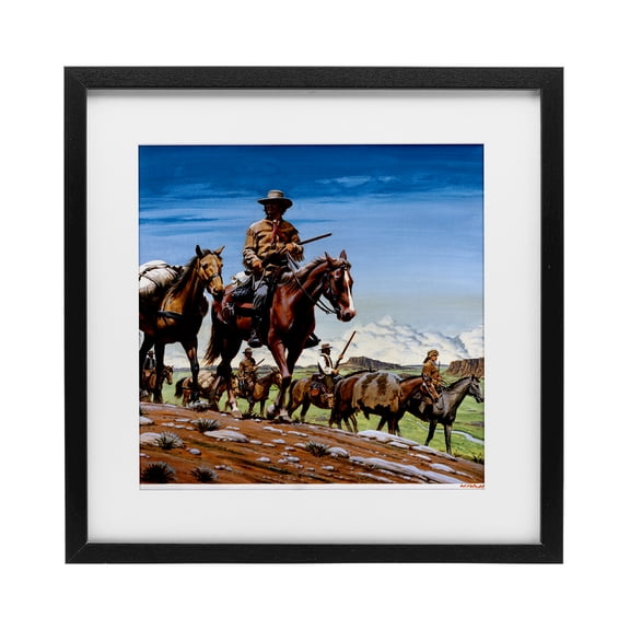 Santa Fe Trail Cowboys Black Framed Print Under Glass, design by Wind River Studios