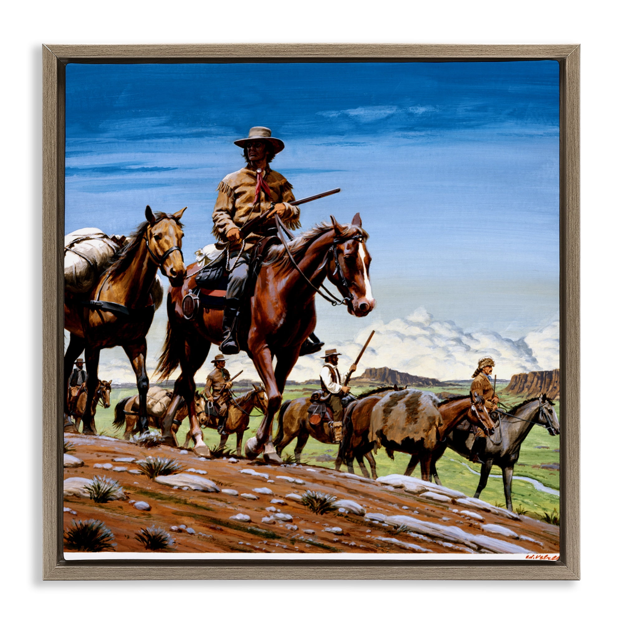 Santa Fe Trail Cowboys Brown Framed Floater Canvas Wall Art, design by Wind River Studios