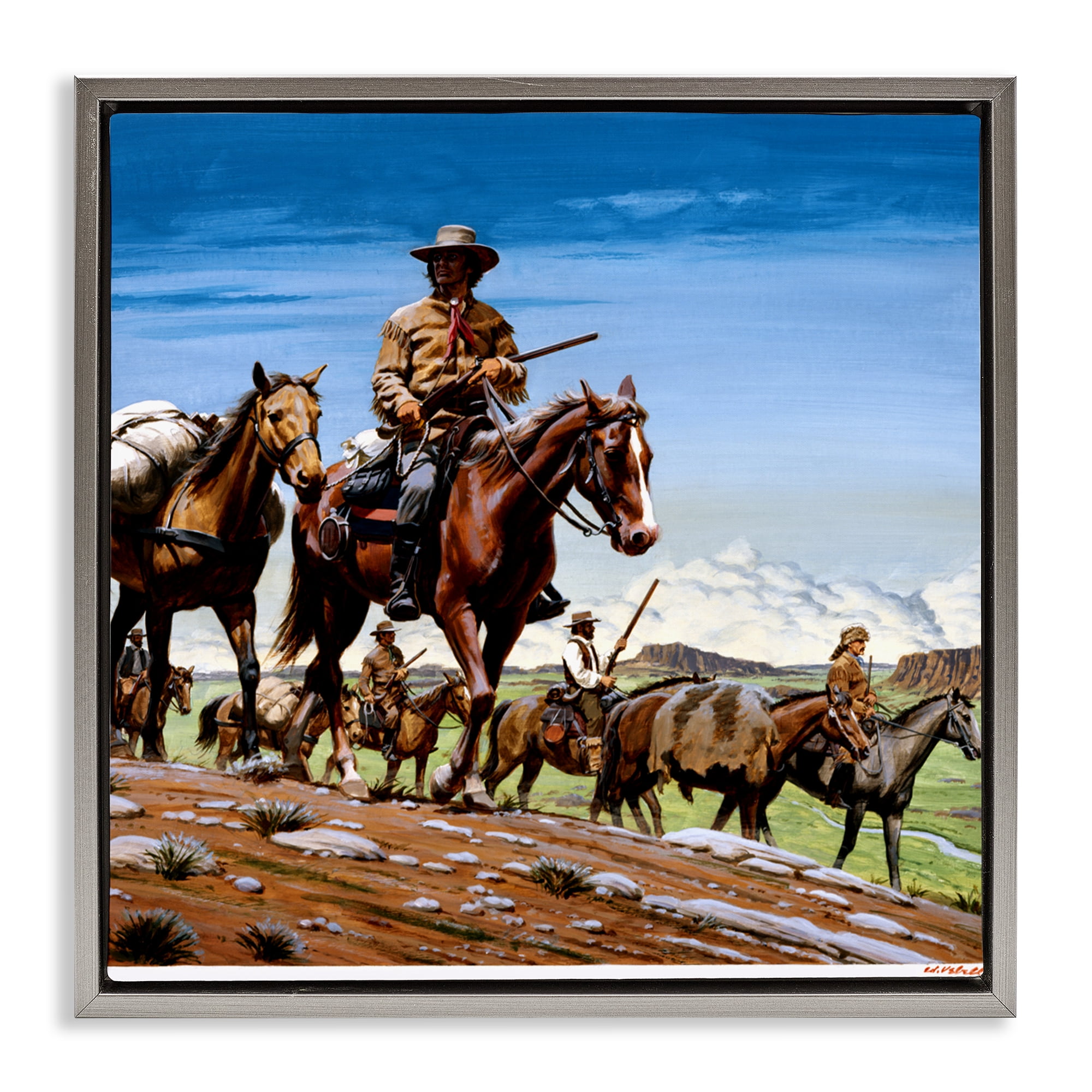 Santa Fe Trail Cowboys Gray Framed Floater Canvas Wall Art, design by Wind River Studios