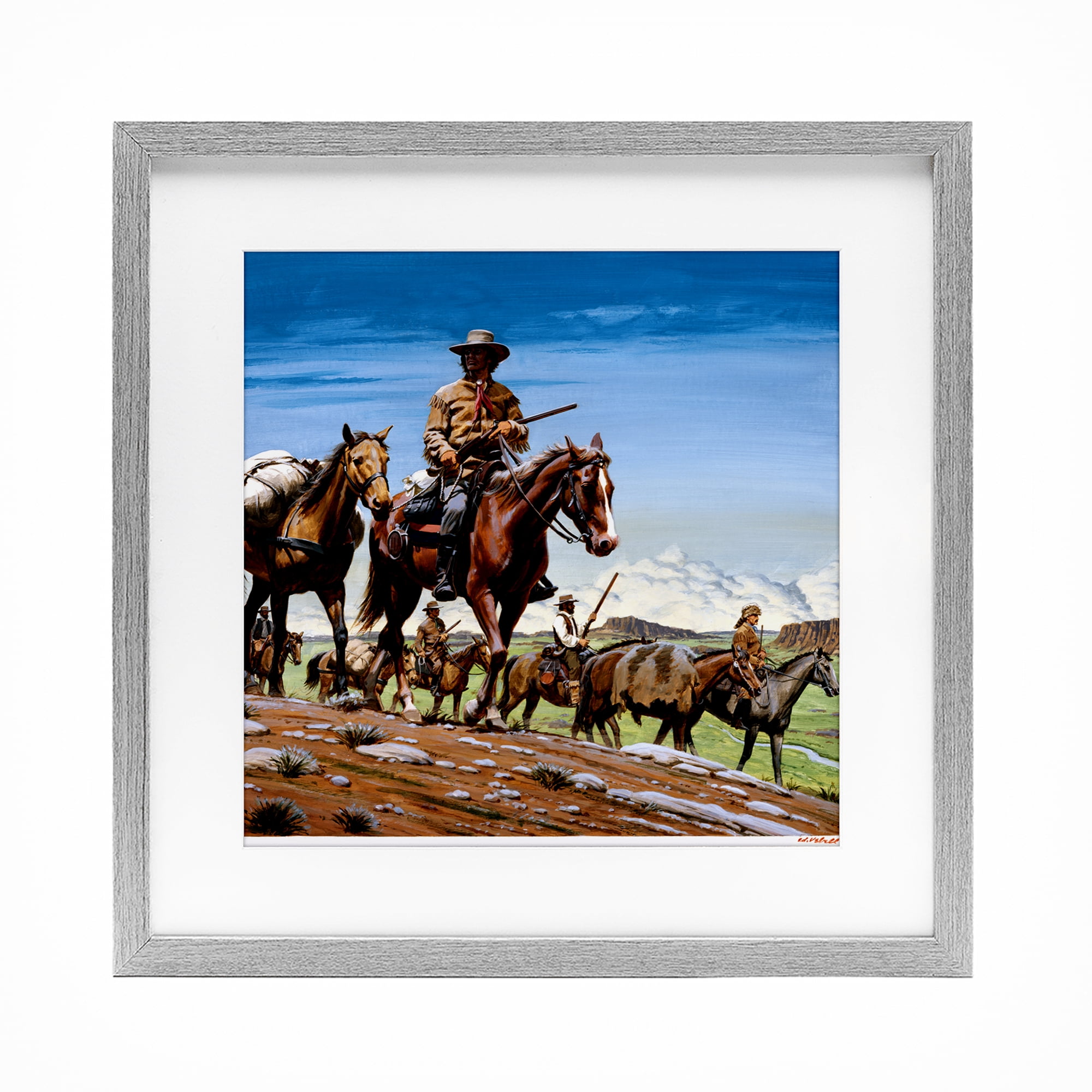 Santa Fe Trail Cowboys Gray Framed Print Under Glass, design by Wind River Studios