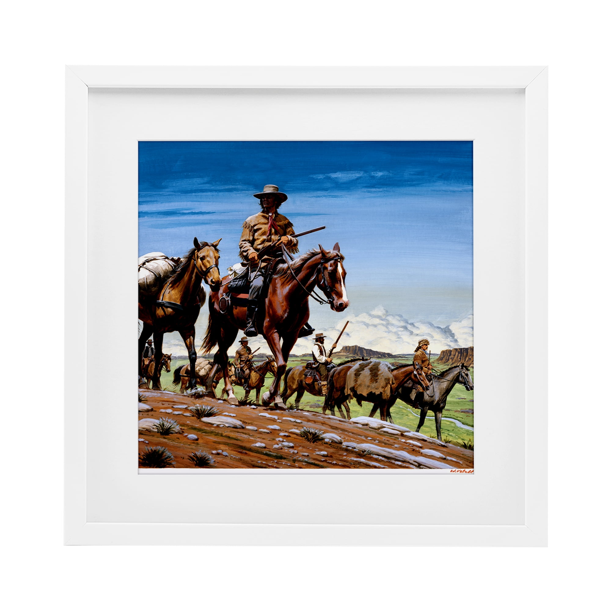Santa Fe Trail Cowboys White Framed Print Under Glass, design by Wind River Studios