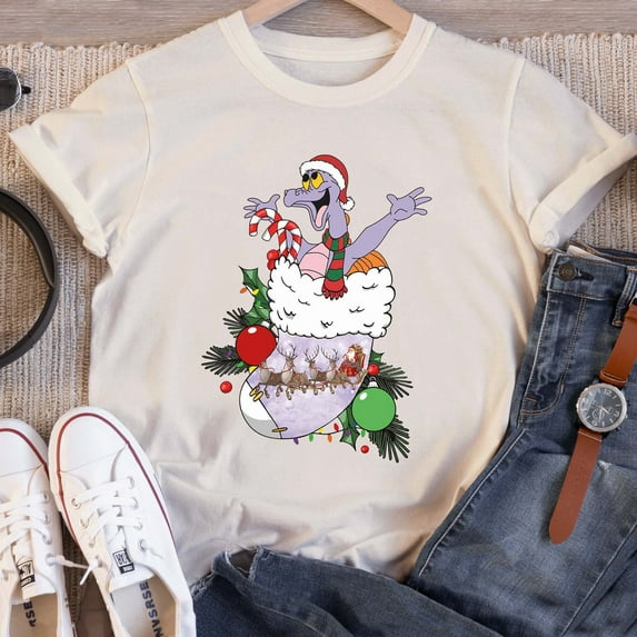 Santa Figment Dragon In Christmas Sock T-shirt, Purple Dragon Epcot Disneyland Mickey's Very Merry Xmas Light Tee, Disneyland Family Gift