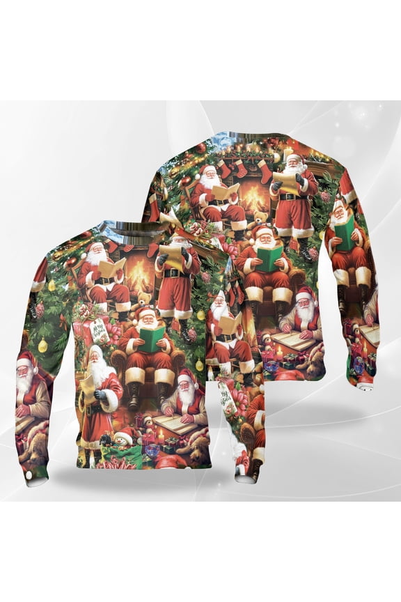 Santa by the Fireplace Christmas Sweatshirt, Classic Holiday Crewneck, Cozy Winter Xmas Pullover with Gifts & Tree, Festive Santa Claus Sweater for Men Women Friends