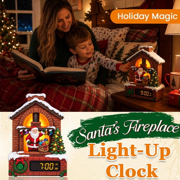 Santa Fireplace Light-Up Clock, Christmas Tabletop Clock with Warm Glowing Fireplace, Santa Christmas Tree Snowy House Decor for Mantel Bedside Table Living Room Holiday Gift