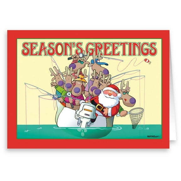 Santa Fishing in Boat Christmas Card- 18 Cards & Envelopes