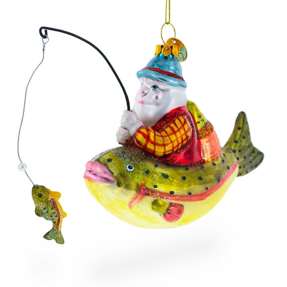 Santa Fishing on Boat Glass Christmas Ornament