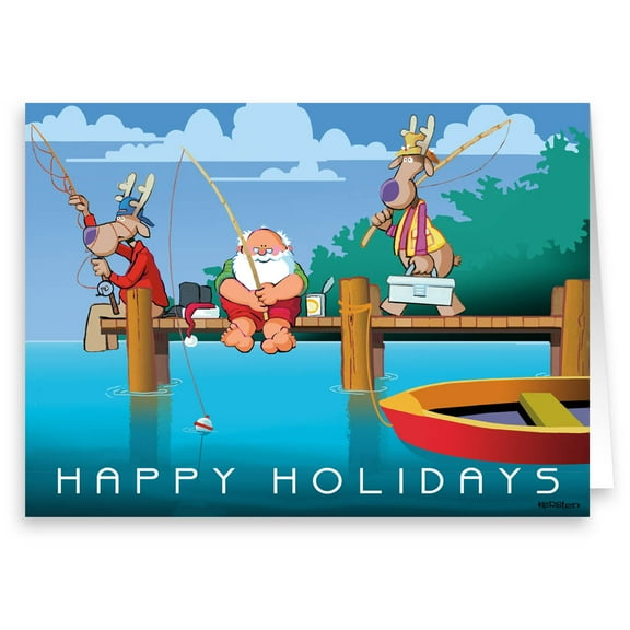 Santa Fishing on the Dock - Funny Holiday Christmas Cards - 18 Cards and 19 Envelopes