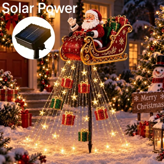 Santa Flying Sleigh Gift Cascade – Santa Sleigh Christmas Solar Christmas Garden Light, Warm Cascading Light Effect, Solar-Powered Lighting