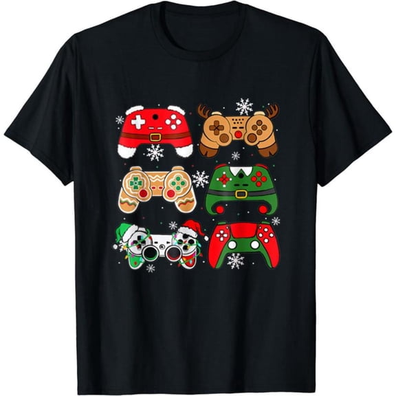 Santa Gaming Controller Christmas T-Shirt,Graphic Tees for Gamer,Xmas Holiday Top,Round neck ,Funny，cotton，black，S-5XL