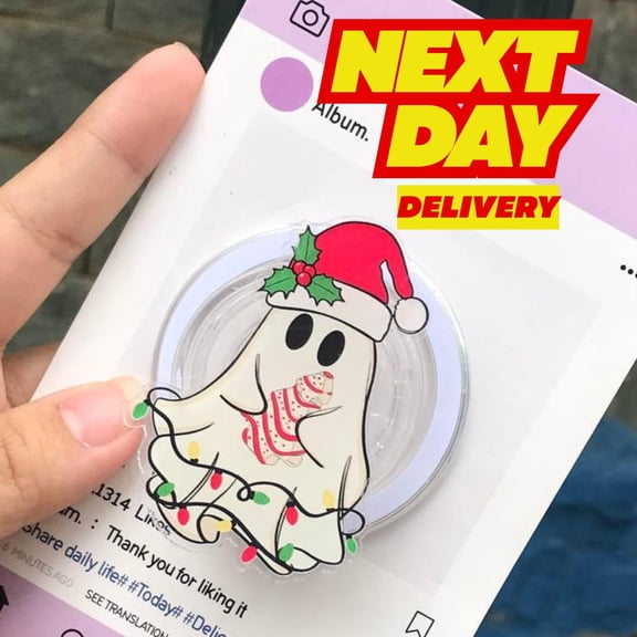 Santa Ghost with Light MagSafe Phone Grip, Cute Holiday Popgrip for Phone or Users, Ideal Winter Gifts, Ghost with Santa Hat Grip
