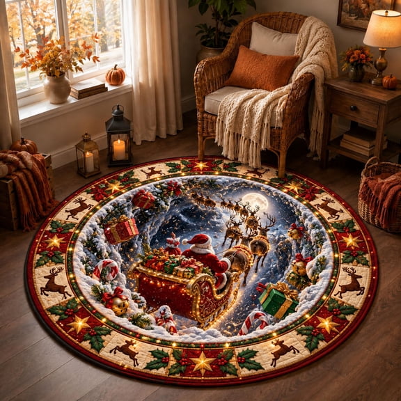 Santa Gift Well Round Christmas Area Rug, Optical Illusion Non-Slip Holiday Floor Mat