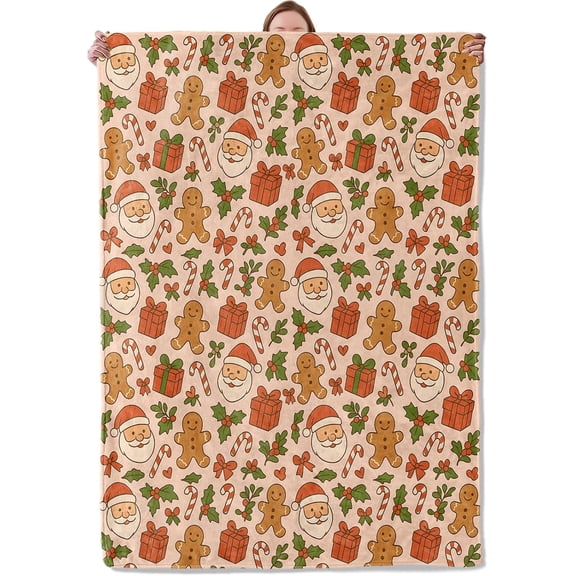 Santa and Gingerbread Christmas Blanket Gifts for Adults Women Girls Kids, 40 x 50 in, Santa Claus, Candy Canes Flannel Blankets for Bedroom, Camping, Couch, Room Home Decor, Fuzzy Warm Soft Cozy