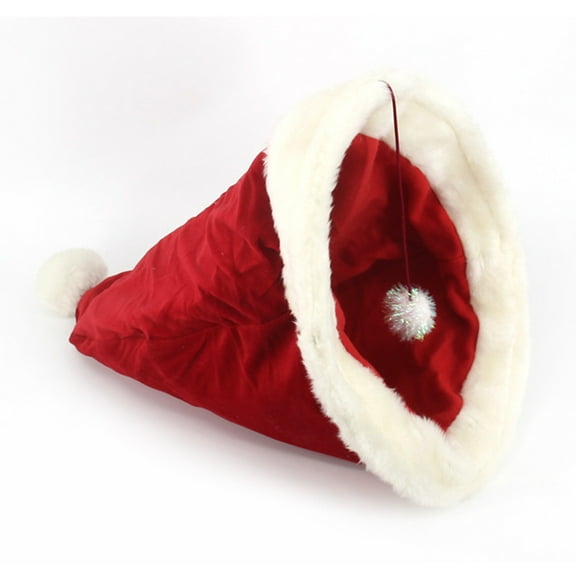 Santa Hat Cat Cave Bed Warming Calming Tent House for Small Dogs Non-Slip
