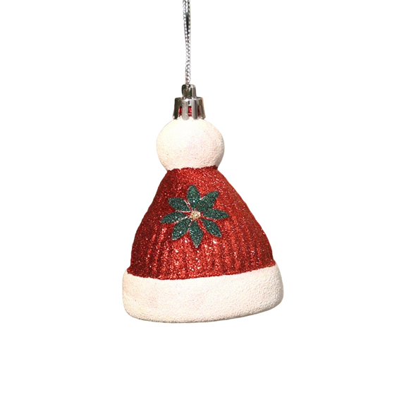 Santa Hat Christmas Tree Ornament with Glitter Finish and Green Leaf Detail, 1-Piece, Red and White, for Holiday Tree Display, Christmas Decoration