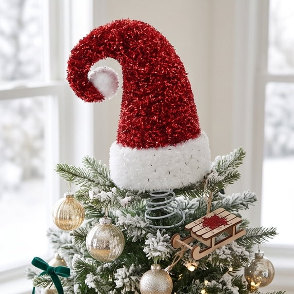 Santa Hat Christmas Tree Topper, Cute Cloth Foam Tree Top Ornament, Holiday Decor for Indoor & Outdoor Christmas Tree (M Size, 21×14×9cm)