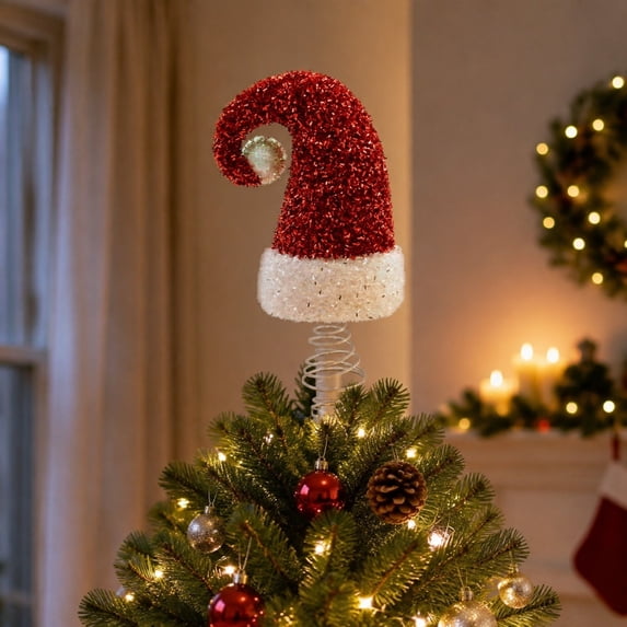 Santa Hat Christmas Tree Topper, Cute Cloth Foam Tree Top Ornament, Holiday Decor for Indoor & Outdoor Christmas Tree (S Size, 19×13×7cm)