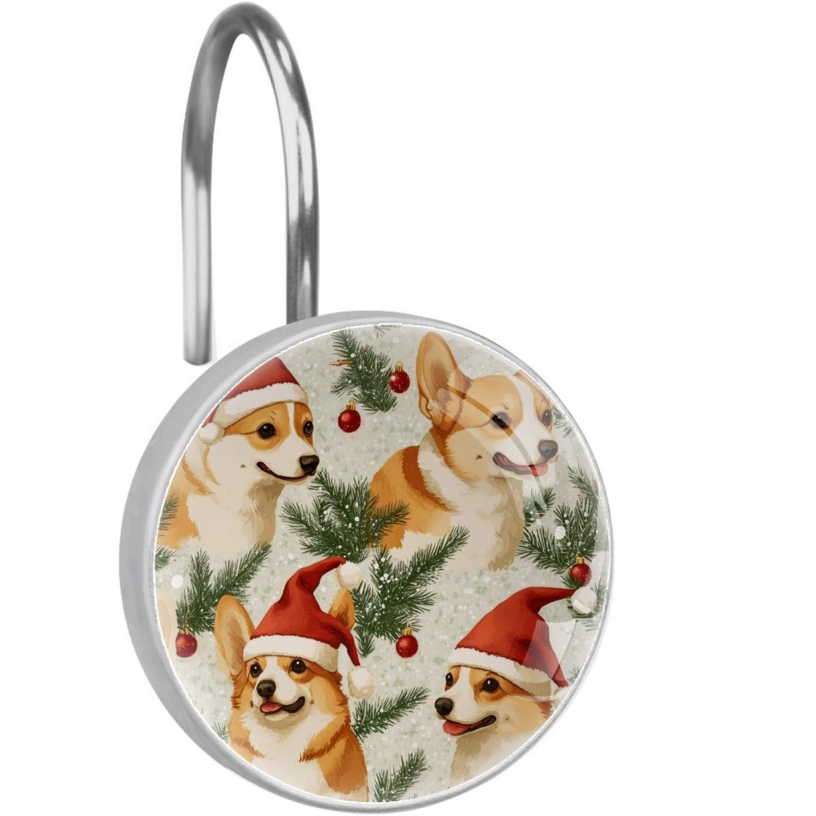 Santa Hat Corgi and Bells Shower Curtain Hooks Round Crystal Glass, Set of 12 Shower Curtain Rings - Shower Hooks for Curtain Shower Rings