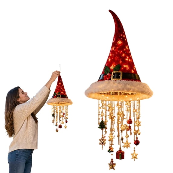Santa Hat Hanging Christmas Decorations & Warm Glow, Plush Red Hat Holiday Light, Hat Hanging Decor with Glowing Tassels, Lightweight Festive Light for Indoor Outdoor, Porches, Tents, Tree Branch,B