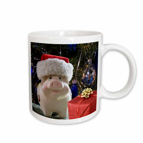 3drose, Santa Hat Piggy Bank, Christmas Tree, Blue Ornaments, Red Gift Photo, 15oz Mug