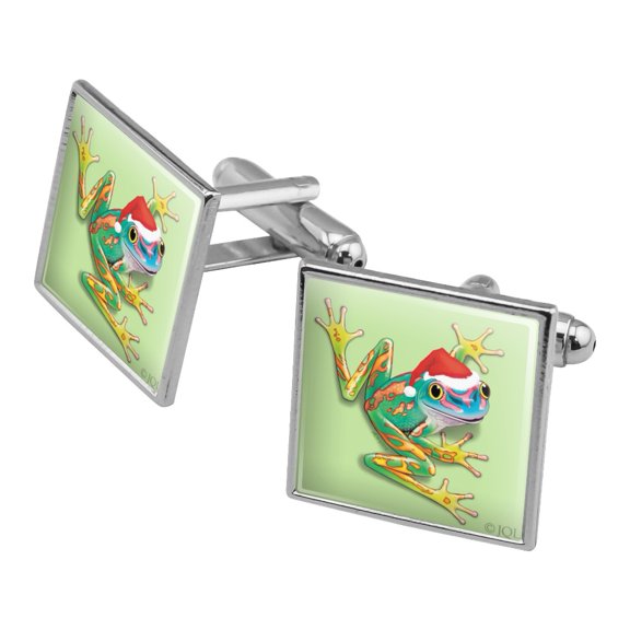 Santa Hat Rainforest Christmas Tree Frog Square Cufflink Set - Silver or Gold