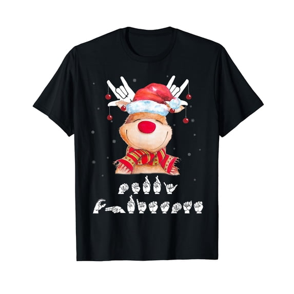Santa Hat Reindeer I Love You Sign Language Merry Christmas T-Shirt