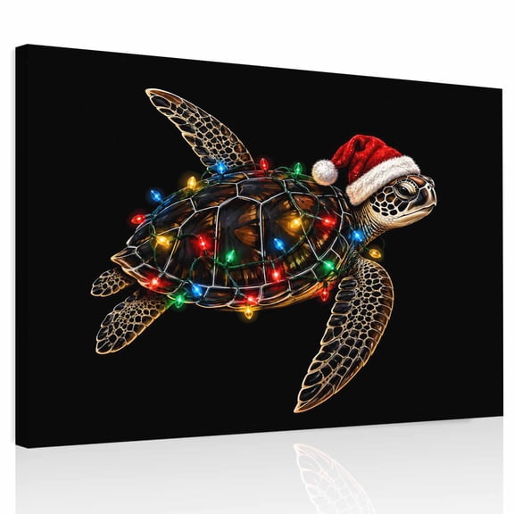 Santa Hat Sea Turtle Canvas Print Wall Art Christmas Coastal String Lights Marine Life Wall Decor Modern Artwork Paintings Pictures for Living Room Stretched and Framed Ready to Hang - 24" x 32"