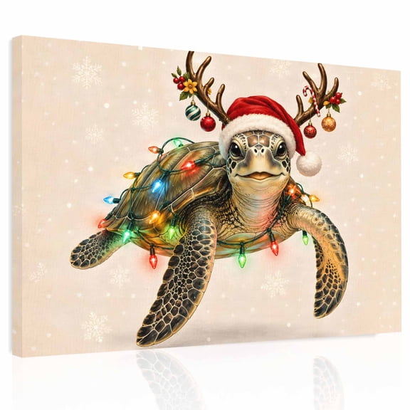 Santa Hat Sea Turtle Canvas Print Wall Art Christmas String Lights Snowflake Beige Wall Decor Modern Artwork Paintings Pictures for Living Room Stretched and Framed Ready to Hang - 24" x 32"
