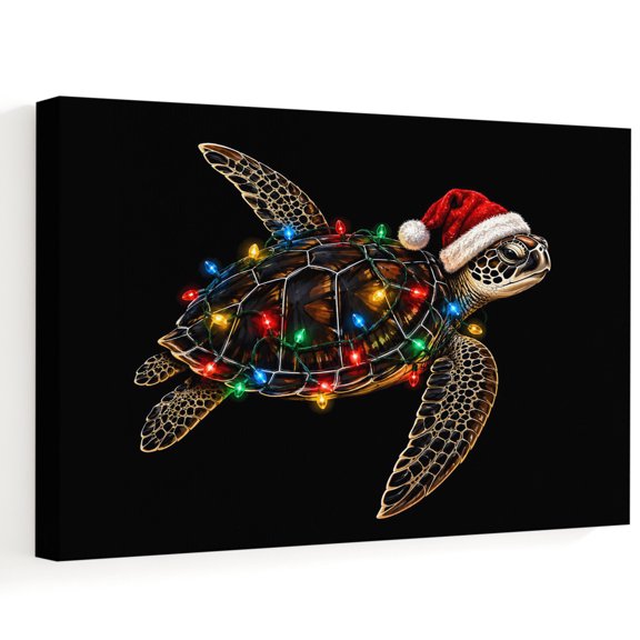 Santa Hat Sea Turtle Canvas Wall Art, Christmas Coastal String Lights Marine Life Wooden‑Stretched Canvas Print Artwork, Home Wall Decor for Living Room Bedroom Office 10"Lx8"W