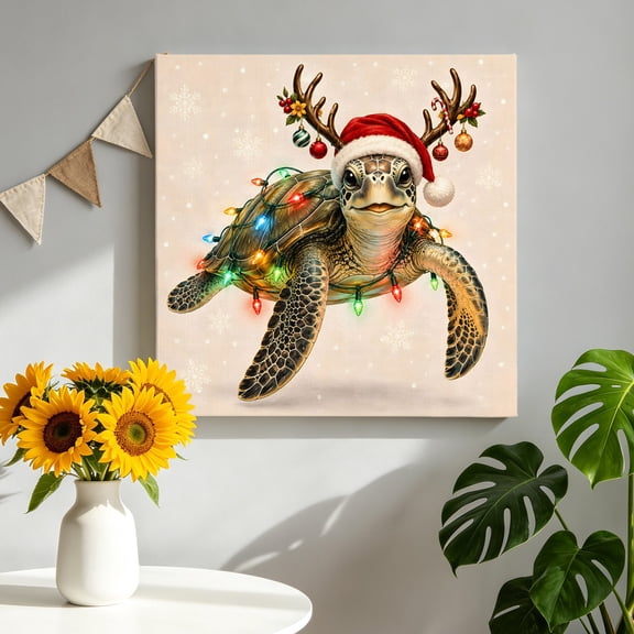 Santa Hat Sea Turtle Canvas Wall Art, Christmas String Lights Snowflake Beige Pictures Wall Decor Wooden Framed Artwork Art Prints for Living Room Hallway Bedroom Office 8"x8"