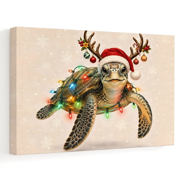 Santa Hat Sea Turtle Canvas Wall Art, Christmas String Lights Snowflake Beige Wooden‑Stretched Canvas Print Artwork, Home Wall Decor for Living Room Bedroom Office 18"Lx12"W