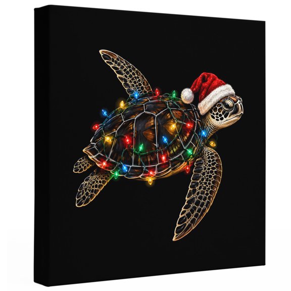 Santa Hat Sea Turtle Canvas Wall Art for Living Room, Christmas Coastal String Lights Marine Life Poster Print Painting for Bedroom Dining Room Balcony Wall Pictures Prepare To Hang 10"x10"