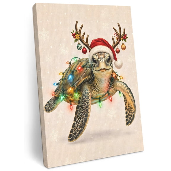 Santa Hat Sea Turtle Canvas Wall Art for Living Room, Christmas String Lights Snowflake Beige Poster Print Painting for Entryway Side Of Cabinet Decoration Wall Pictures Prepare To Hang 8"x12"