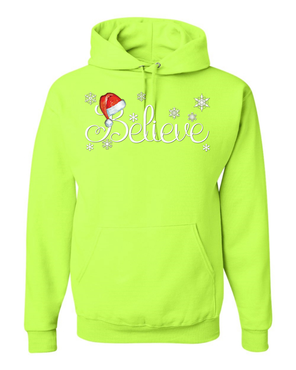 Santa Hat Snowflake Believe Christmas Unisex Graphic Hoodie Sweatshirt Safety Green 3XL