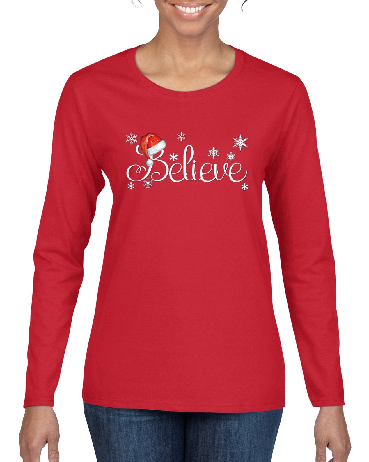 Santa Hat Snowflake Believe Christmas Womens Graphic Long Sleeve T-Shirt, Red, Small