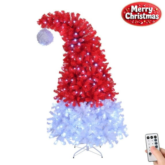 Santa Hat Style Pre-Lit Christmas Tree with 1050 PVC Branch Tips, 300 Cold White LED Lights, Remote Control Included, Easy Assembly, 6FT, Red+White