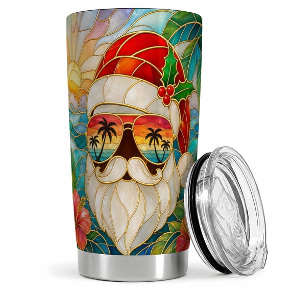 Santa Hat Sunglasses Beach 20oz Tumbler, Santa Sunset Tumbler, Holiday Drinkware for Travel, Stained Glass Portrait Art, Tropical Palm Hibiscus Decor, Coastal Men Women Summer Lovers