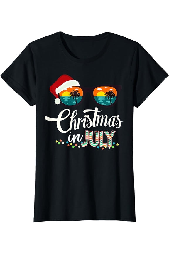 Santa Hat Sunglasses Summer Christmas In July T-Shirt