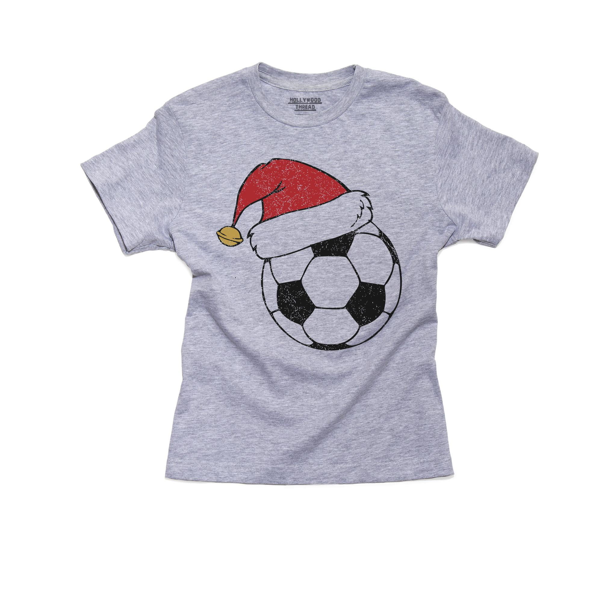 Santa Hat on Soccer Ball Christmas Holiday Boy's Cotton Youth Grey T